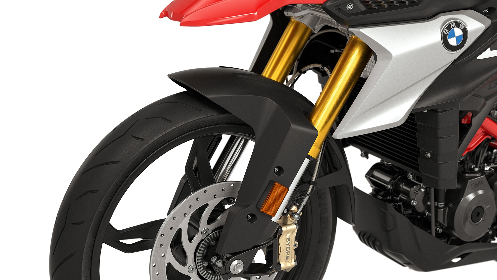 We see the gold anodised upside-down fork of the G 310 GS.