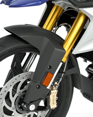 We see the gold anodised upside-down fork of the G 310 GS.