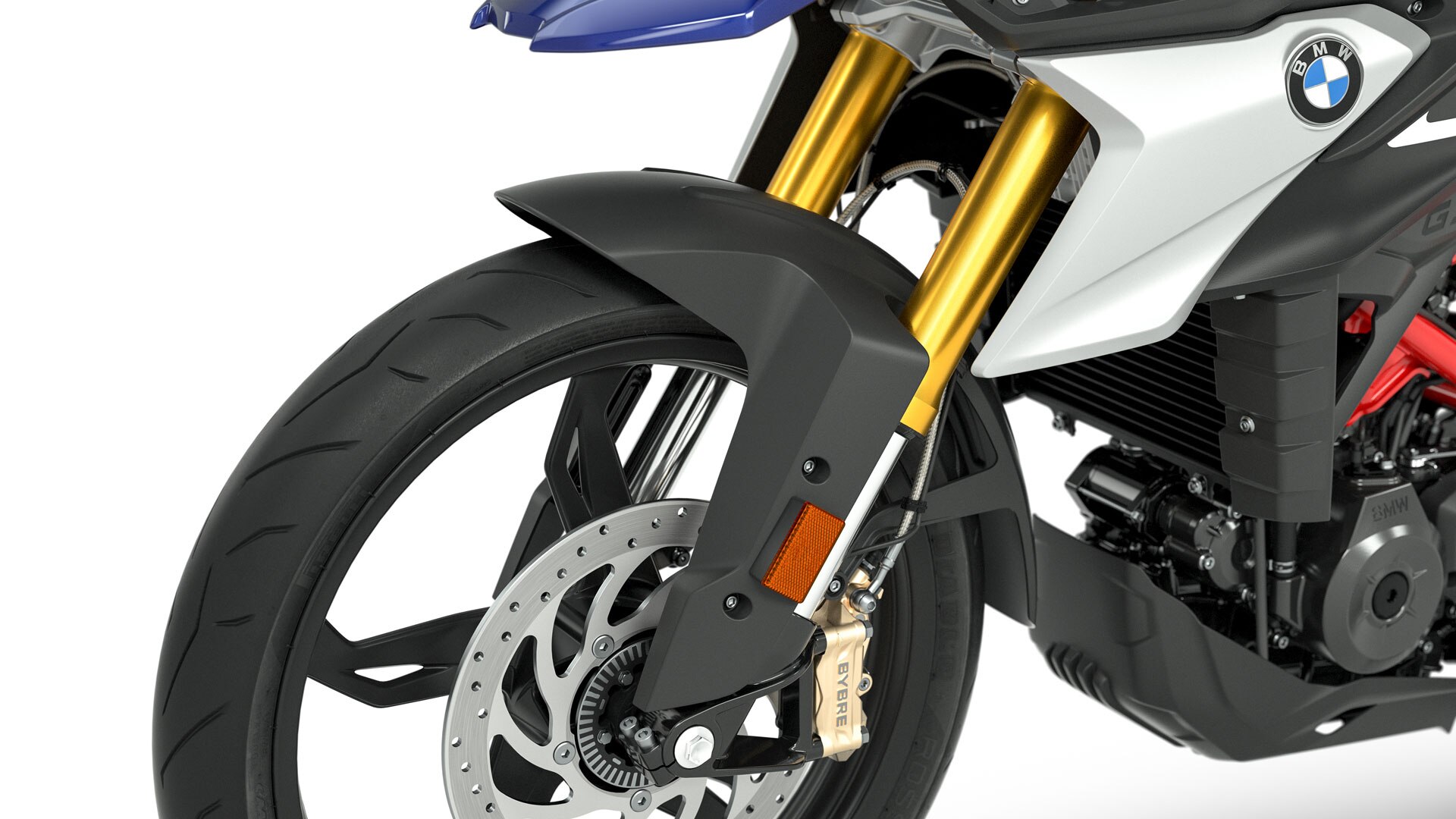 We see the gold anodised upside-down fork of the G 310 GS.