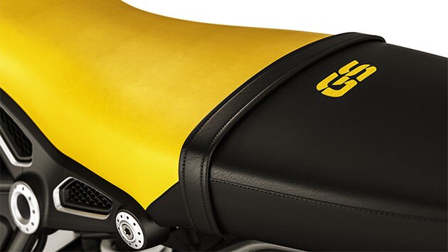 We see the black and yellow seat of the R nineT Urban G/S.