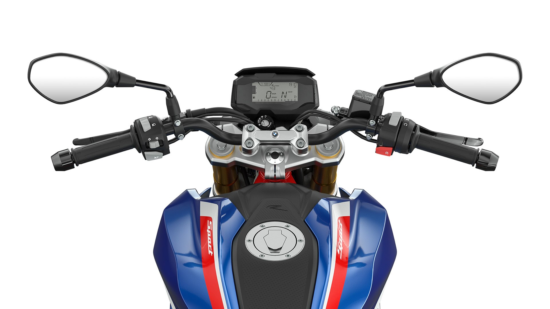 We see the handlebar and control elements of the G 310 R.