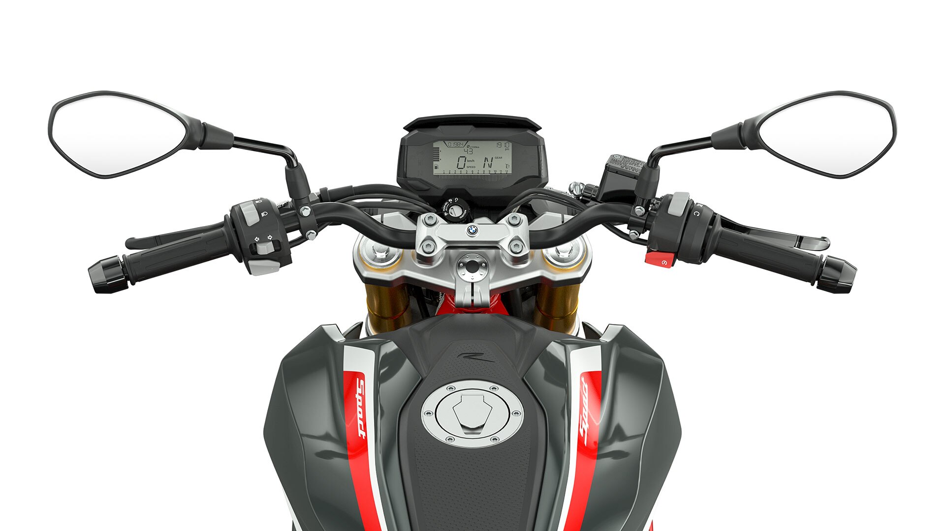 We see the handlebar and control elements of the G 310 R.