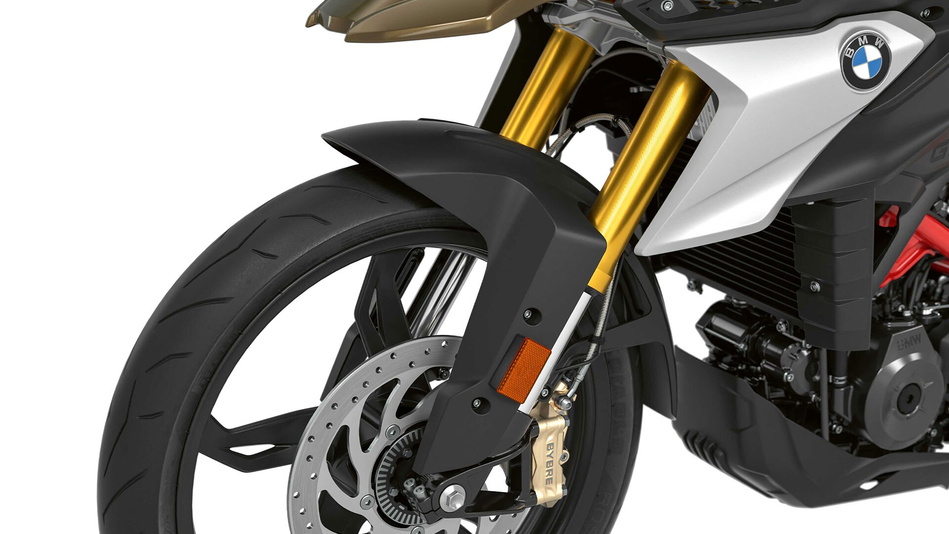 We see the gold anodised upside-down fork of the G 310 GS.